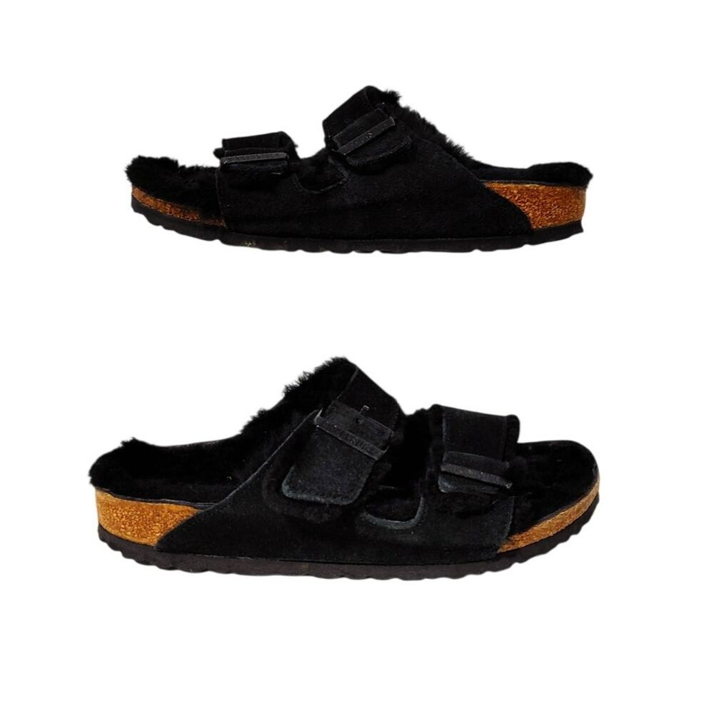 Birkenstock Arizona Shearling Suede Slide Sandals Black Cozy Women EU38 US7